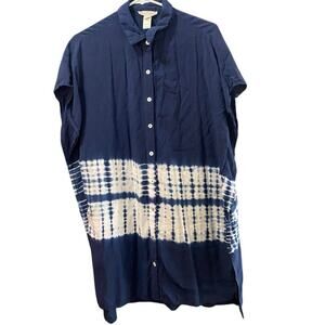Ontheland Blue White 3/4 Sleeve Button-Down Shirt Dress Size Small